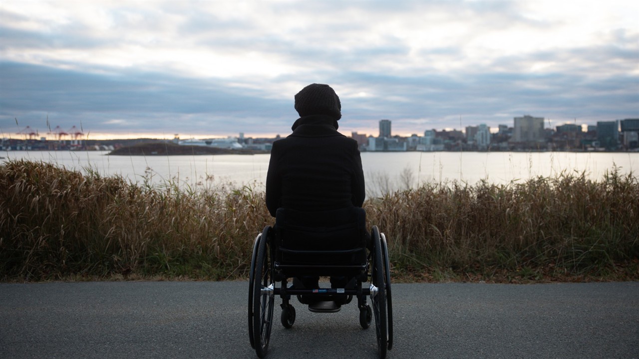 Person sitting in a wheelchair overlooking a lake